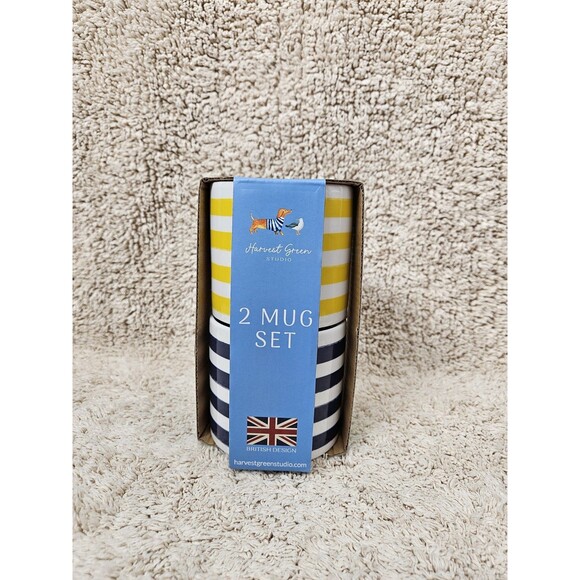 Harvest Green Studio 2 Mug Set British Design Yellow & White/Blue & White Stripe - Picture 2 of 3